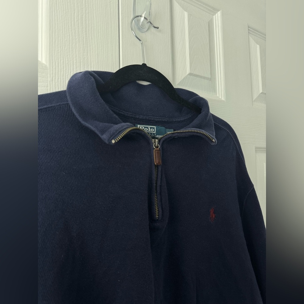 Vintage Polo Ralph Lauren Navy & Brown Leather Quarter Zip Sweater XL (1/4 zip)